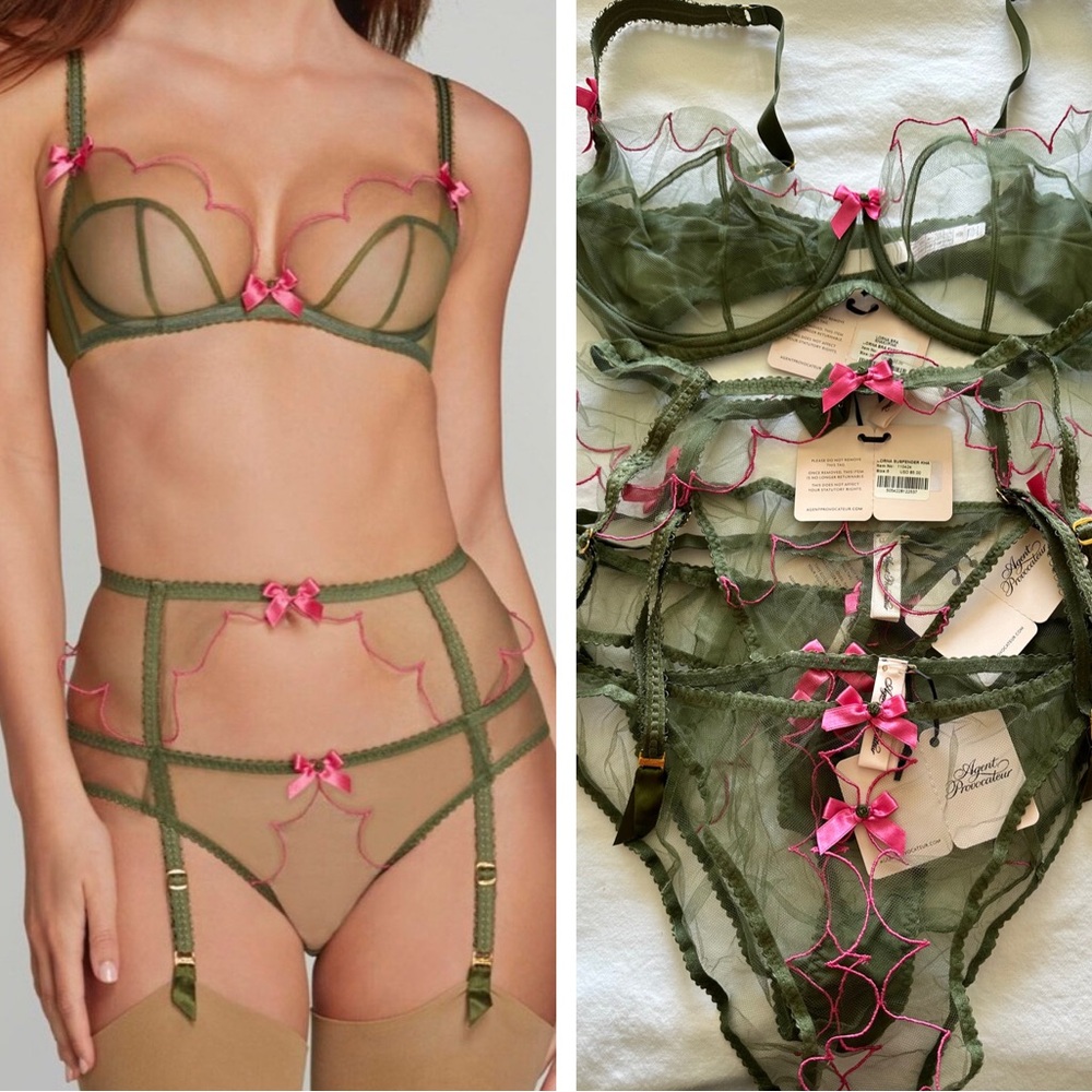 NWT Agent Provocateur Lorna Khaki and Pink Tulle Lingerie Set Now Sold Out